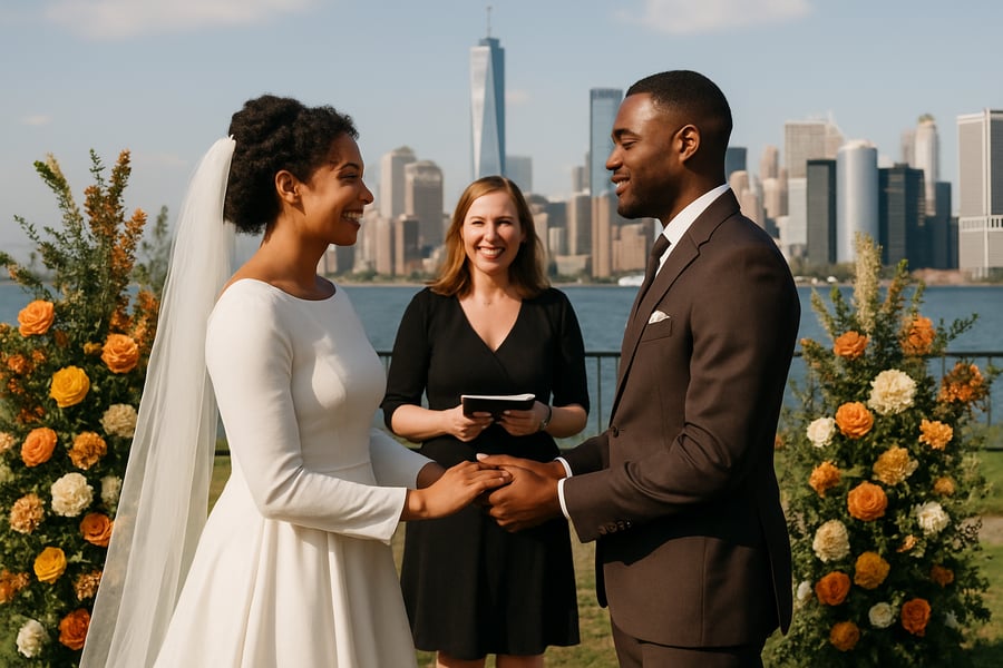 Couple exchanging vows in a unique outdoor New York wedding ceremony.